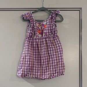 Purple Checkered Baby Romper with Floral Embroidery